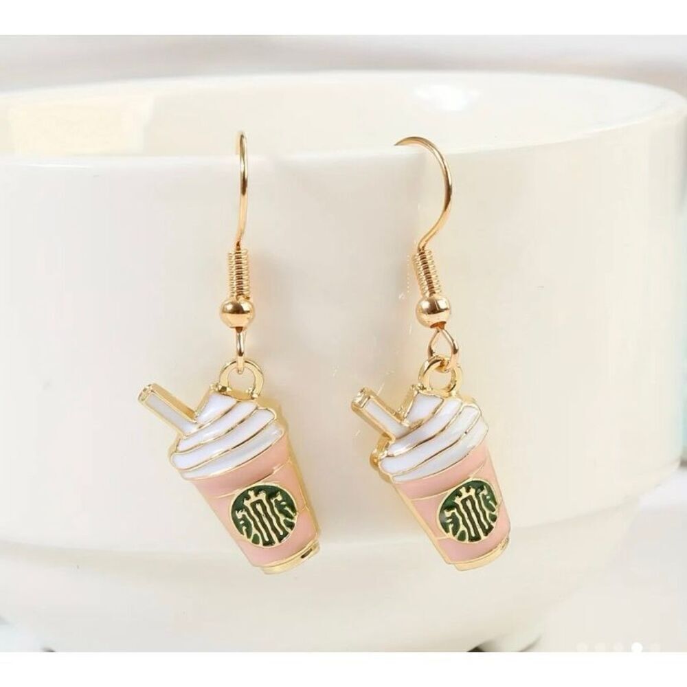 NWT Starbucks Coffee Frappuccino Light Pink Gold Toned Dangle Earrings